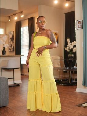 Yellow Wide-Leg Smocked Jumpsuit